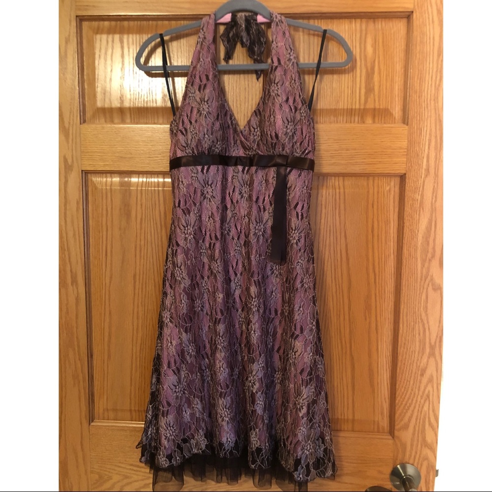 Pink Halter Dress w/ Dark Brown Lace Overlay